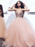 A Line Tulle V Neck Blushing Pink Beaded Tulle Prom Dresses LBQ1680